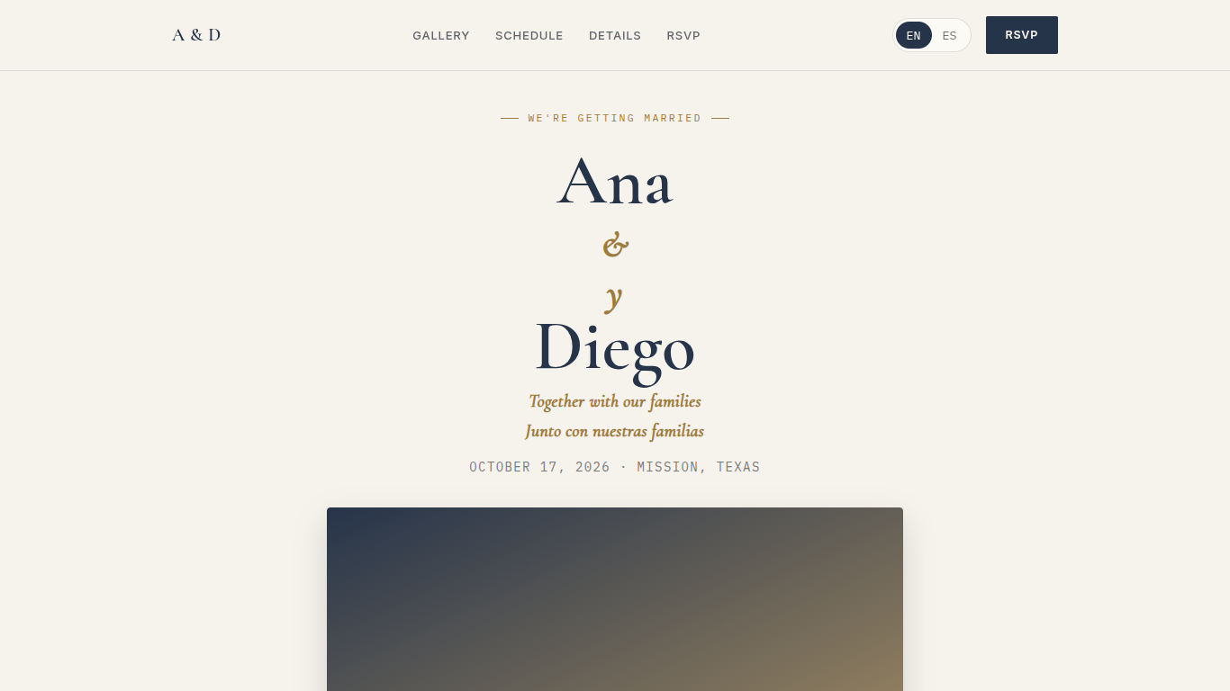 Portfolio and event website template with photo gallery, timeline, and RSVP form